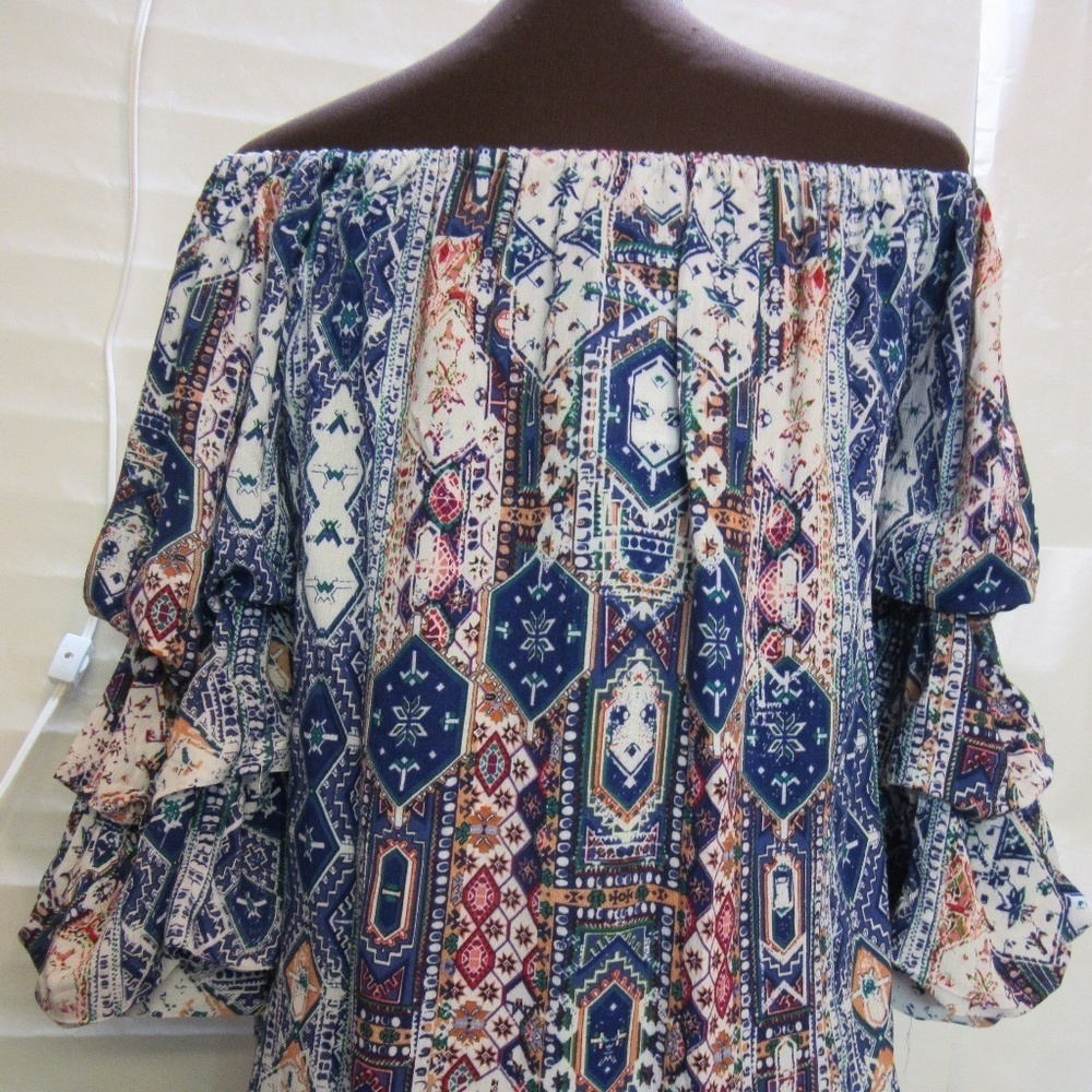 KAS Designs Off- the -Shoulder Top Blue White Multi Blouse Ruffle BuffoonSleeves